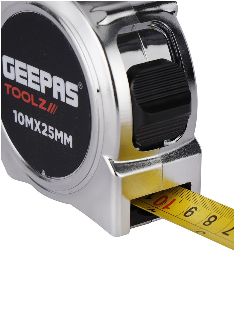 GEEPAS شريط قياس جيباس GT59315، 10 MX 25 مم، هيكل من الكروم عالي التأثير وخطاف مغناطيسي فائق، رؤية عالية على الوجهين، بتدرج متري وبوصة| مثالي للاستخدام المنزلي والعملي، فضي  - Image 5