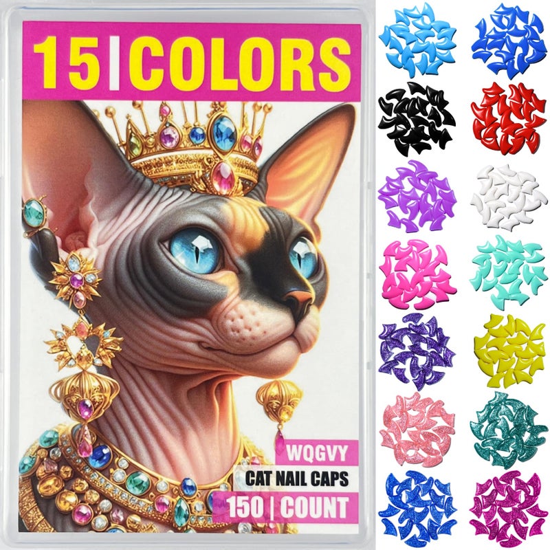 WQGVY 15 Colors / 150 pcs Cat Nail Caps | Cat Claw Covers with Adhesives and Applicators (M) - Image 1