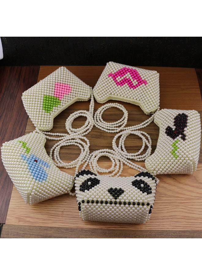 Yuanbao Pearl Bag Handmade Shoulder Crossbody Bag With Zipper Fashion Children's Bag Folk Crafts Wholesale-Color:88005-4 Animal Ingot Pearl Bag (long Belt)-white  - Image 1