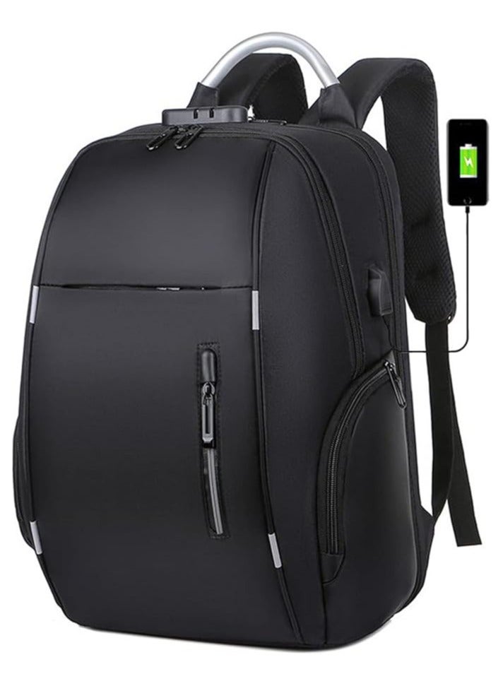 شنطة ظهر للسفر للاب توب مقاومة للماء مع منفذ شحن USB وقفل  شنط ظهر للأعمال مقاس 15.6 بوصة للجنسين وطلاب المدرسة والجامعة، لون أسود - Image 1