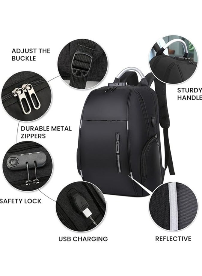 شنطة ظهر للسفر للاب توب مقاومة للماء مع منفذ شحن USB وقفل  شنط ظهر للأعمال مقاس 15.6 بوصة للجنسين وطلاب المدرسة والجامعة، لون أسود - Image 2