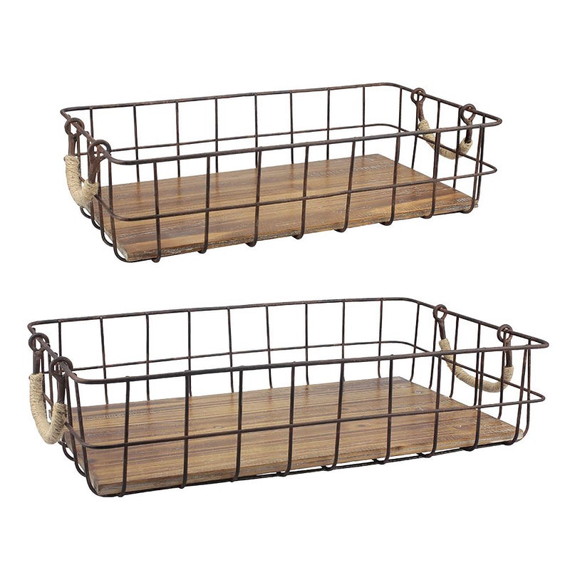 Stonebriar Stackable 2pc Rectangle Metal Wire and Wood Basket Set with Rope Wrapped Handles Rustic Decor for Home Storage Decorative Serving Baskets for Weddings Birthdays and Holiday Parties - Image 1