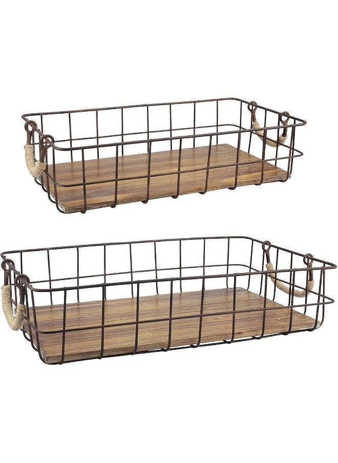 Stonebriar Stonebriar Stackable 2pc Rectangle Metal Wire and Wood Basket Set with Rope Wrapped Handles  - Image 4