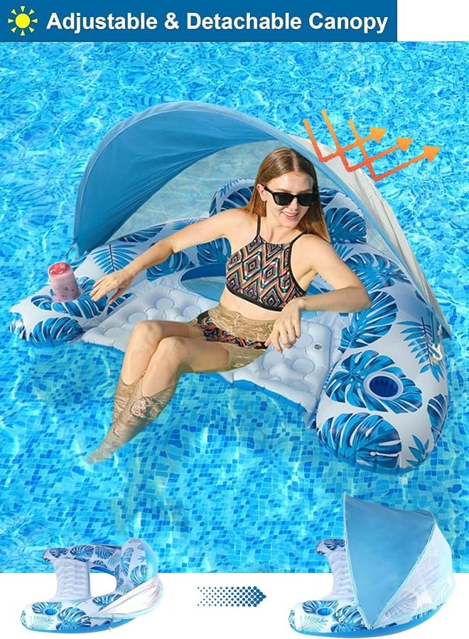 VUCATIN Inflatable Pool Float with Canopy Raft Floaties Water Floating Chair Pool Chair Lounge Float with Adjustable Sun Shade Cover 2 Cup Holder Ergonomic Headrest Inflatable Pool Float for Adults (Blue) - Image 1