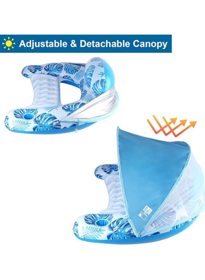 VUCATIN Inflatable Pool Float with Canopy Raft Floaties Water Floating Chair Pool Chair Lounge Float with Adjustable Sun Shade Cover 2 Cup Holder Ergonomic Headrest Inflatable Pool Float for Adults (Blue) - Image 3