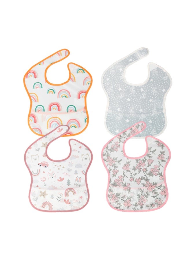 Waterproof Polyester Baby Bibs 4-Pack with Crumb Catcher, Rainbow & Floral Patterns, 30x38cm, 6-24 Months - Image 1