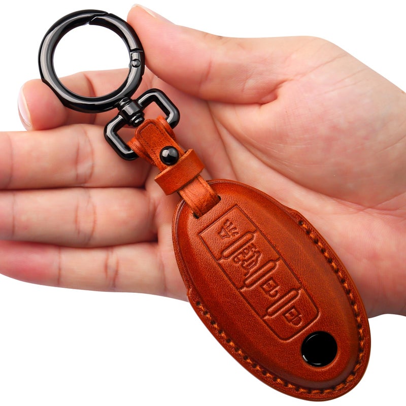 Tukellen Compatible with Nissan Key Fob Cover Handmade Genuine Leather Case for Altima Pathfinder Armada Murano Maxima Rogue Infinity Smart Remote 4 Buttons KeyBrown
