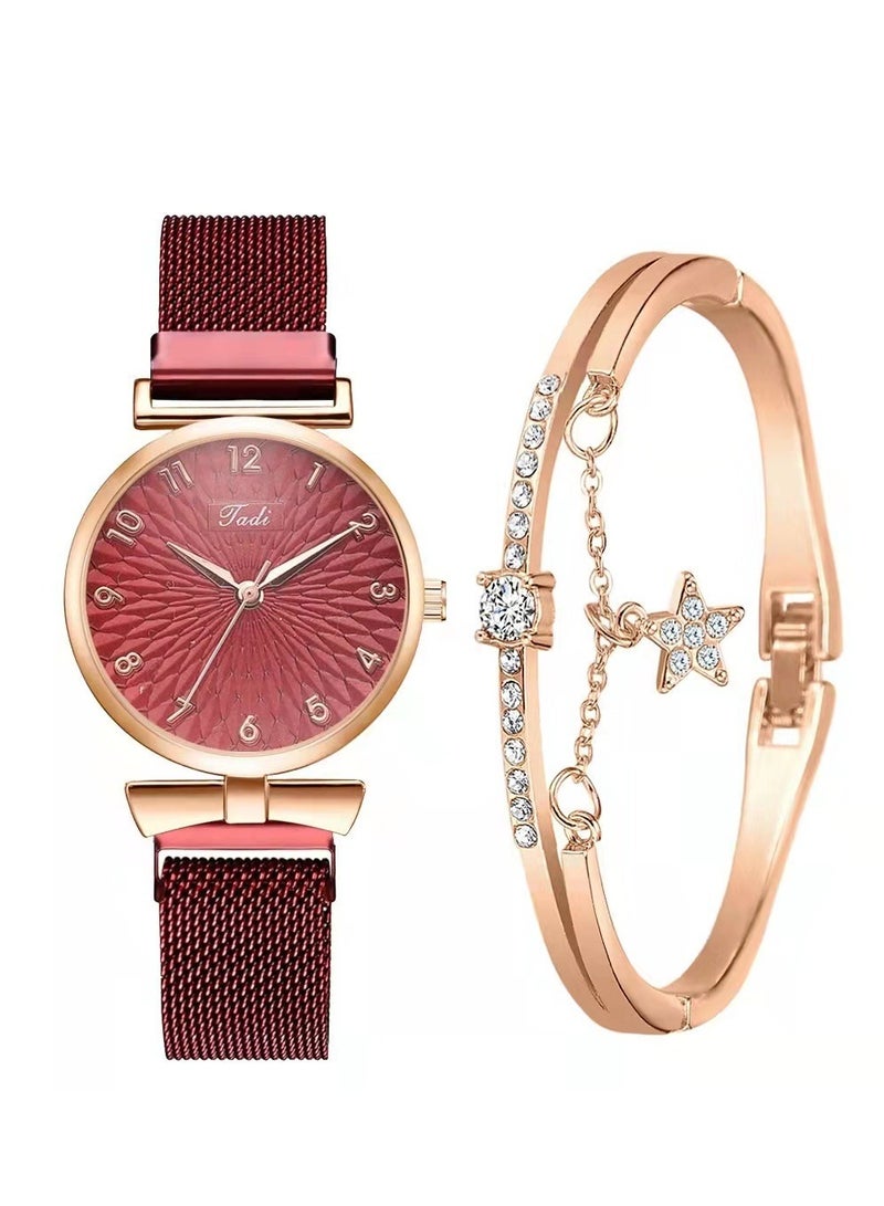 كوارتز ساعة نسائية كلاسيكية بسوار من السبائك المعدنية مع سوار كريستالي مجموعة ساعات يد كوارتز للنساء هدايا رائعة - Image 1