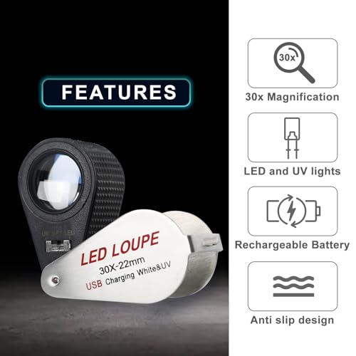 DANOPLUS 30X Jewelers Loupe Rechargeable Mgnifier with LED&UV Light, Loupe Foldable 22mm Glass Lens Jewelry Loop Magnifier, Illuminated Jewelers Loop for Gems, Stamps,Coins,Watches - Image 2