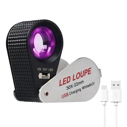 DANOPLUS 30X Jewelers Loupe Rechargeable Mgnifier with LED&UV Light, Loupe Foldable 22mm Glass Lens Jewelry Loop Magnifier, Illuminated Jewelers Loop for Gems, Stamps,Coins,Watches - Image 1