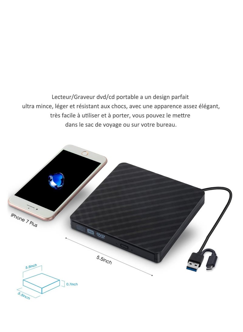 DVD Burner External CD/DVD Drive USB 3.0/Type C Optical Drive Burner Slim CD/DVD ROM Rewriter Reader Portable for PC Laptop Desktop MacBook Mac Windows 7/8.1/10 Linux OS  - Image 2