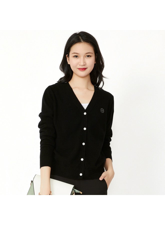 Hengyuanxiang Solid Color Rhinestone Pure Wool V-Neck Knitted Cardigan Warm Wool Cardigan Coat - Image 2