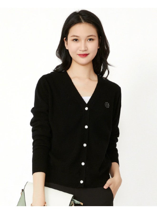 Hengyuanxiang Solid Color Rhinestone Pure Wool V-Neck Knitted Cardigan Warm Wool Cardigan Coat - Image 1