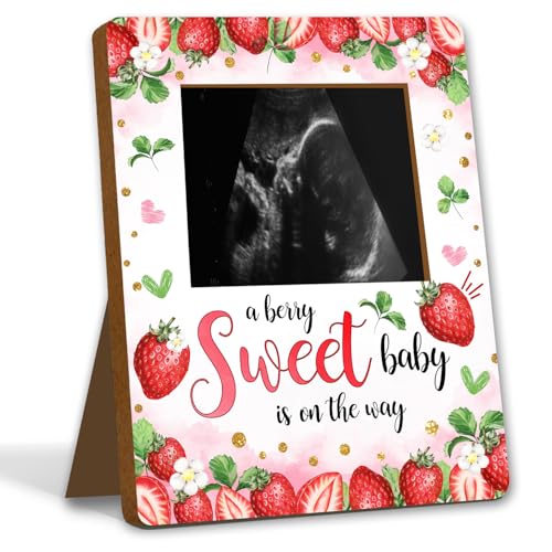 ALodr Strawberry Baby Shower Decorations, Baby Shower Sign Picture Frame, Berry Sweet Party Decor for Gender Reveal, Pregnancy Milestone Keepsake, Pregnancy Announcement Sonogram Photo Frames - Image 1