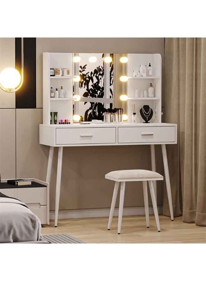 Vanity Desk, Makeup Dressing Table Vanity Bench with Mirror and Lights, Vanity Table Set with Stool, Multifunctional Dresser Cabinet with Storage Shelves and Drawers for Women Girls (SZZ014) ﻿ - Image 1
