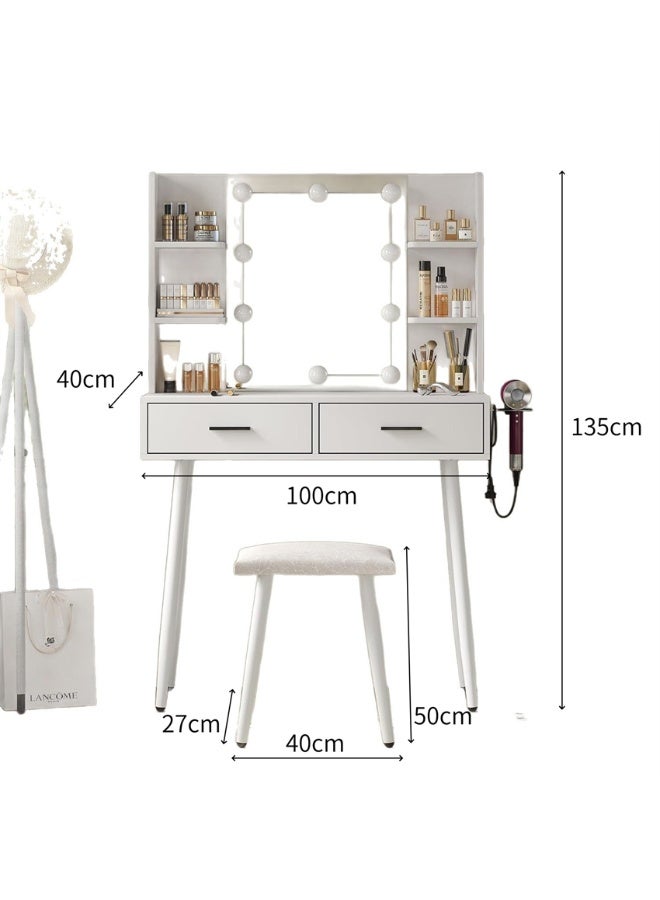 Vanity Desk, Makeup Dressing Table Vanity Bench with Mirror and Lights, Vanity Table Set with Stool, Multifunctional Dresser Cabinet with Storage Shelves and Drawers for Women Girls (SZZ014) ﻿ - Image 2
