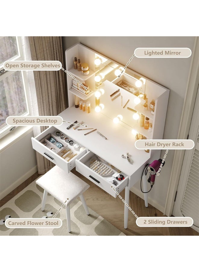 Vanity Desk, Makeup Dressing Table Vanity Bench with Mirror and Lights, Vanity Table Set with Stool, Multifunctional Dresser Cabinet with Storage Shelves and Drawers for Women Girls (SZZ014) ﻿ - Image 3
