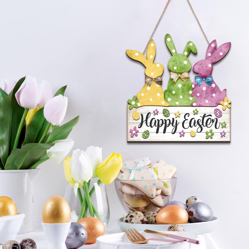 Queekay Easter Bunny Decoration Bunny Wreaths for Front Door Wooden Rustic Easter Welcome Hanging Sign Door Hanger Decorations Spring Wreath for Farmhouse Holiday Coffee Shop Bakery Window - Image 4
