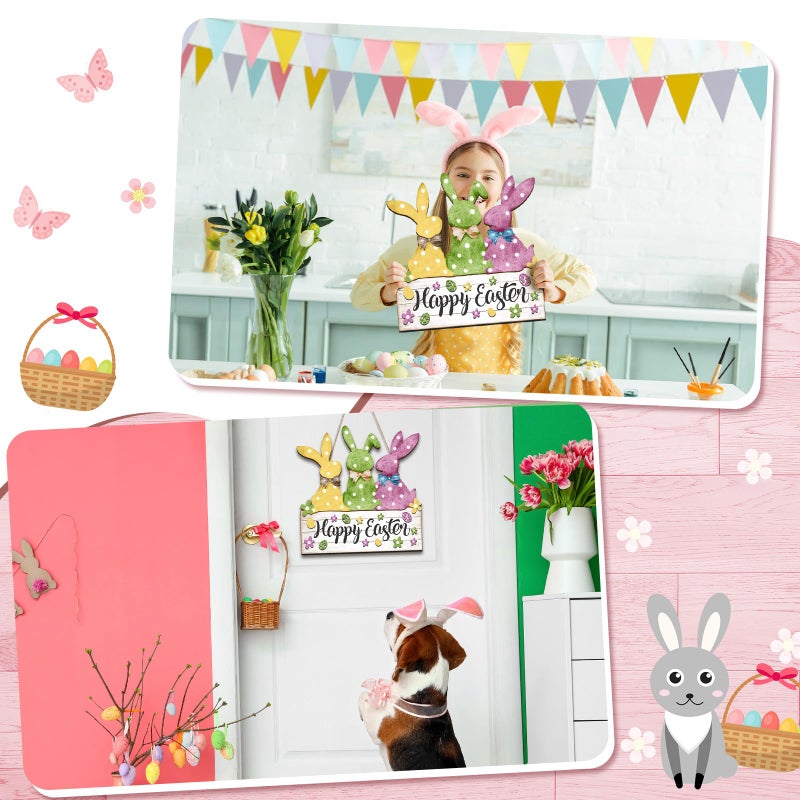 Queekay Easter Bunny Decoration Bunny Wreaths for Front Door Wooden Rustic Easter Welcome Hanging Sign Door Hanger Decorations Spring Wreath for Farmhouse Holiday Coffee Shop Bakery Window - Image 5
