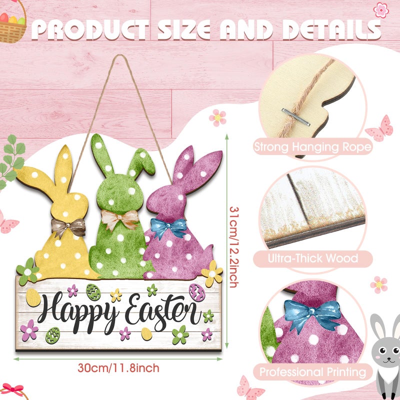 Queekay Easter Bunny Decoration Bunny Wreaths for Front Door Wooden Rustic Easter Welcome Hanging Sign Door Hanger Decorations Spring Wreath for Farmhouse Holiday Coffee Shop Bakery Window - Image 2