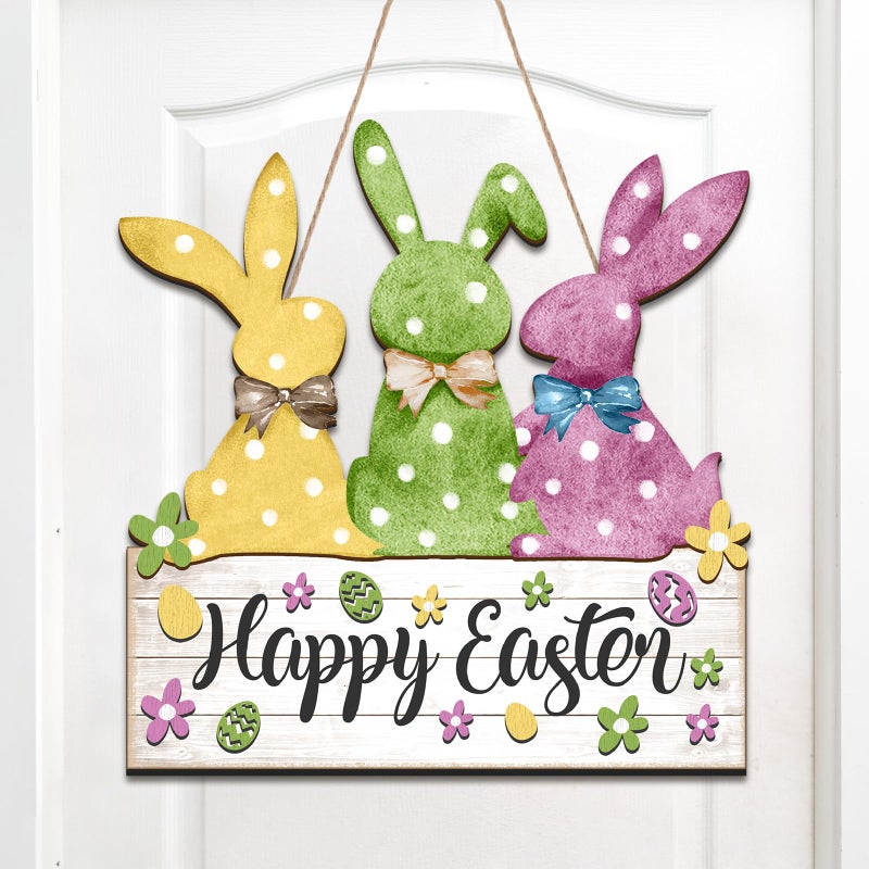 Queekay Easter Bunny Decoration Bunny Wreaths for Front Door Wooden Rustic Easter Welcome Hanging Sign Door Hanger Decorations Spring Wreath for Farmhouse Holiday Coffee Shop Bakery Window - Image 1