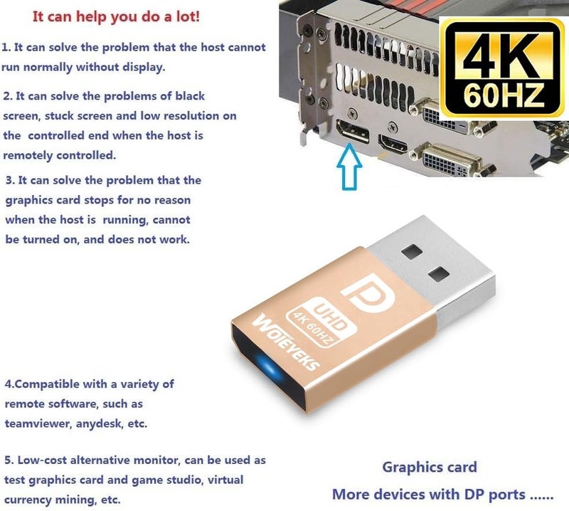 Woieyeks 4K 60Hz DP DisplayPort Dummy Plug,Headless Ghost Display Emulator EDID Emulator Plug Support 4096x2160 60Hz/2560x1440/1600 60Hz/1920x1080 60/120Hz 1 Pack - Image 3