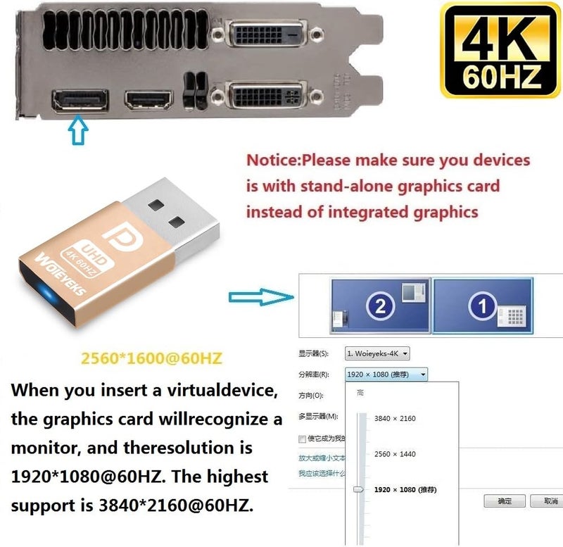 Woieyeks 4K 60Hz DP DisplayPort Dummy Plug,Headless Ghost Display Emulator EDID Emulator Plug Support 4096x2160 60Hz/2560x1440/1600 60Hz/1920x1080 60/120Hz 1 Pack - Image 2