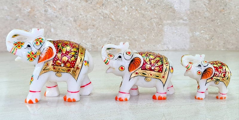 eSplanade Marble Elephant Family with Calf Set of 3 Sculpture Showpiece Figurines Home Decor White Multi 5 Inches - Image 2