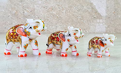 eSplanade Marble Elephant Family with Calf Set of 3 Sculpture Showpiece Figurines Home Decor White Multi 5 Inches - Image 3