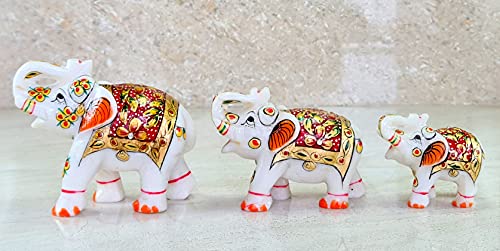 eSplanade Marble Elephant Family with Calf Set of 3 Sculpture Showpiece Figurines Home Decor White Multi 5 Inches - Image 1
