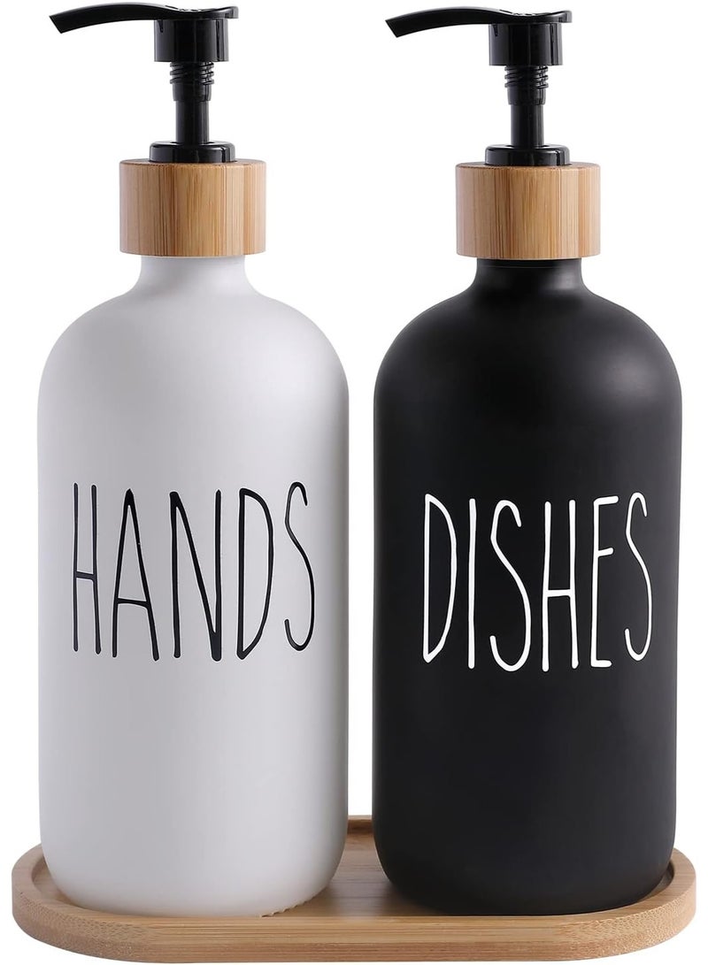 Soap Dispenser Set with bamboo tray, Glass Hand Soap Dispenser and Glass Dish Soap Dispenser, Kitchen Soap Dispenser Set Decor, Refillable Hand Soap and Dish Soap Dispenser for Bathroom and Kitchen, liquid soap glass bottle, Modern Farmhouse Decor