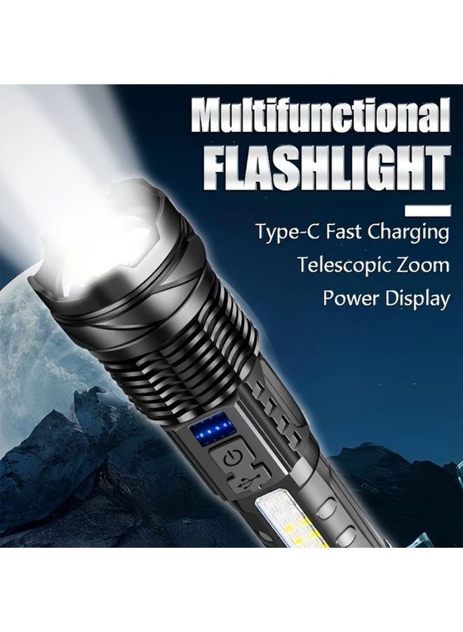 High Power LED Flashlight With COB Red Blue Warning Side Light Rechargeable Zoomable Long Distance Fishing Camping Light 1pc - Image 3