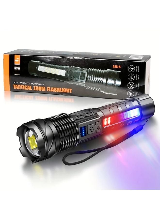 High Power LED Flashlight With COB Red Blue Warning Side Light Rechargeable Zoomable Long Distance Fishing Camping Light 1pc - Image 1