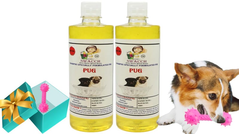 swacch Pug Dog Shampoo + Dumbbell Toy I Durable Rubber Dog Toy for Chewing I Playing,Teeth Cleaning & Training Toy I Combo Pack I 500ml Pack of 2 Lemon - Image 1