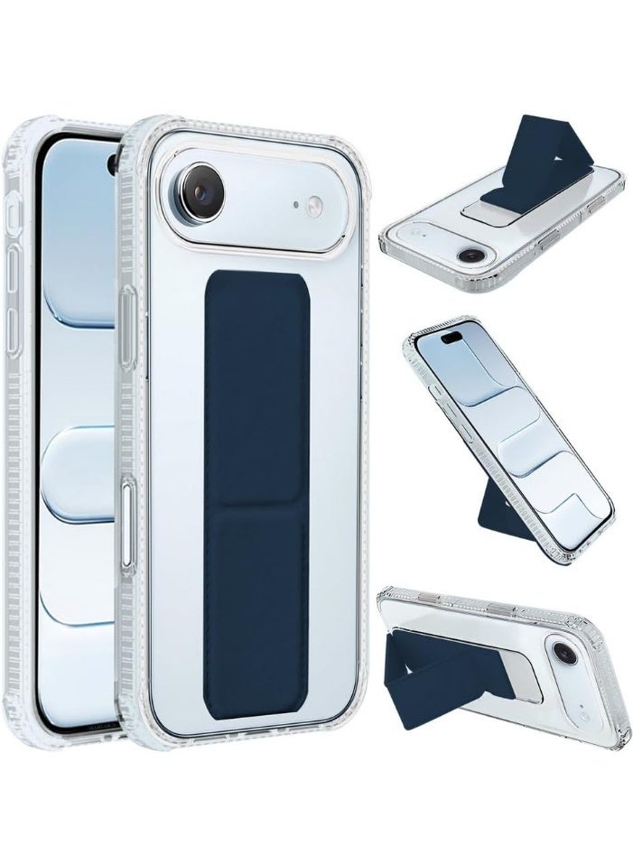 Protective back cover with finger holder stand, compatible with iPhone Air, clear/navy
