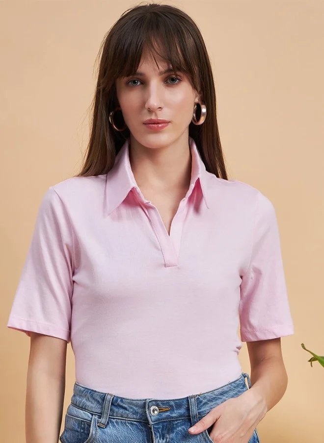 MINT STREET Pink Spread Collar Cotton T-Shirt for Women