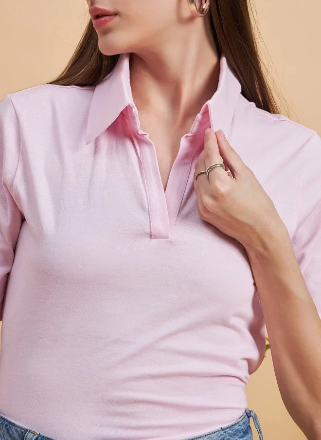 MINT STREET Pink Spread Collar Cotton T-Shirt for Women