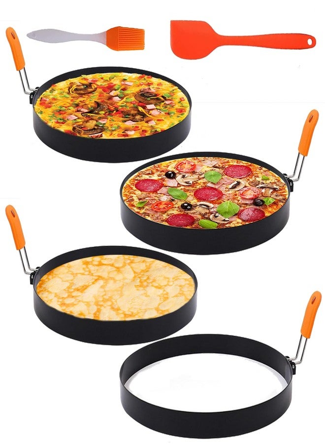 WOWITIS 4 Packs Large 8 Inch Omelette Ring for Griddle, Non-Stick Stainless Steel 8" Griddle Omelet Rings,Large Omelet Mold Pancake Ring Mold Crumpet Circle Silicone Handle with Spatula and Oil Brush - Image 1