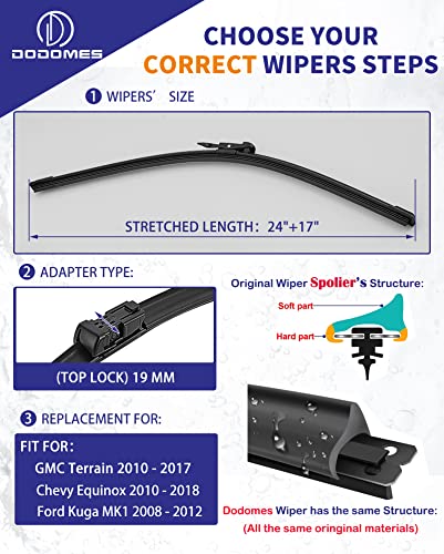 Dodomes 2 Wiper Blades OEM Quality Replacement For GMC Terrain Chevy Equinox 20102017 Ford Kuga MK1 20082012 Original Equipment Wipers Factory 2417 Set of 2 Top Lock 19mm - Image 3