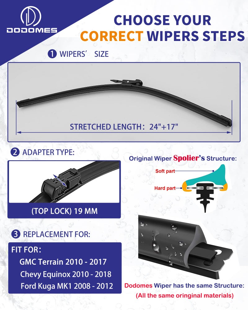 Dodomes 2 Wiper Blades OEM Quality Replacement For GMC Terrain Chevy Equinox 20102017 Ford Kuga MK1 20082012 Original Equipment Wipers Factory 2417 Set of 2 Top Lock 19mm - Image 4