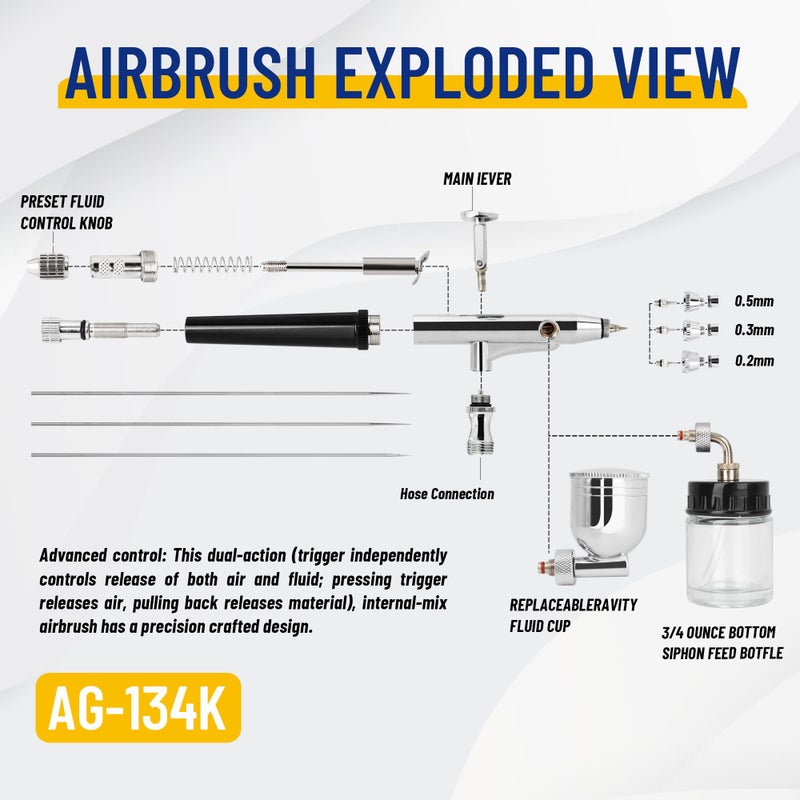 Fengda TIMBERTECH Airbrush, Dual-Action Gravity Feed Airbrush AG-134K, Side Feed Airbrush Set with Airbrush Gun, Hose, 0.2/0.3/0.5mm Nozzles for Airbrush Painting, Tattoo, Cake Decorating, Nail Beauty - Image 3