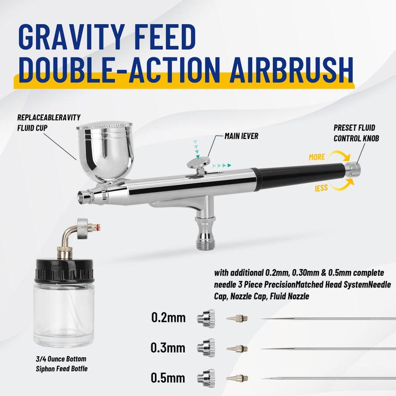 Fengda TIMBERTECH Airbrush, Dual-Action Gravity Feed Airbrush AG-134K, Side Feed Airbrush Set with Airbrush Gun, Hose, 0.2/0.3/0.5mm Nozzles for Airbrush Painting, Tattoo, Cake Decorating, Nail Beauty - Image 2
