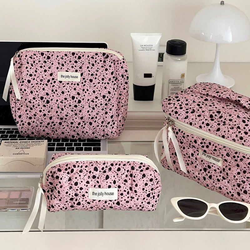 Korean Style Simple Bow Makeup Bag Large Capacity Portable Travel Wash Bag Cosmetic Storage Bag for Girls Splash ink pink