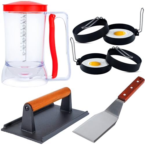 Eggssentials Griddle Breakfast Kit Compatible with Blackstone Griddle, Pancake Batter Dispenser, Bacon Press, 4 Egg Rings & Stainless Steel Spatula - Best for Indoor-Outdoor Cooking. - Image 1