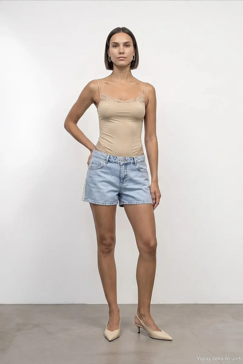 Dilvin Beige Natural DILVIN Lace Sleeveless Slim-fit Bodysuit Blouse for Women | Best Price UAE