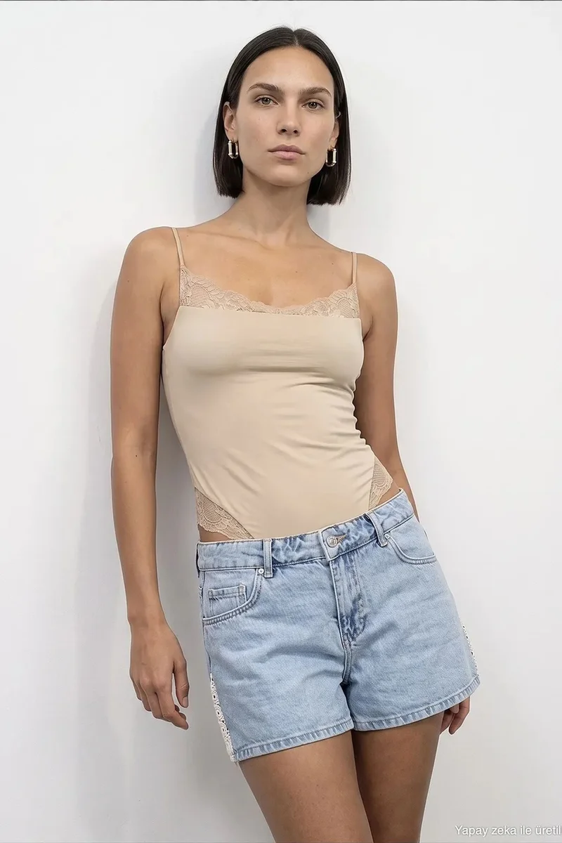Dilvin Beige Natural DILVIN Lace Sleeveless Slim-fit Bodysuit Blouse for Women | Best Price UAE