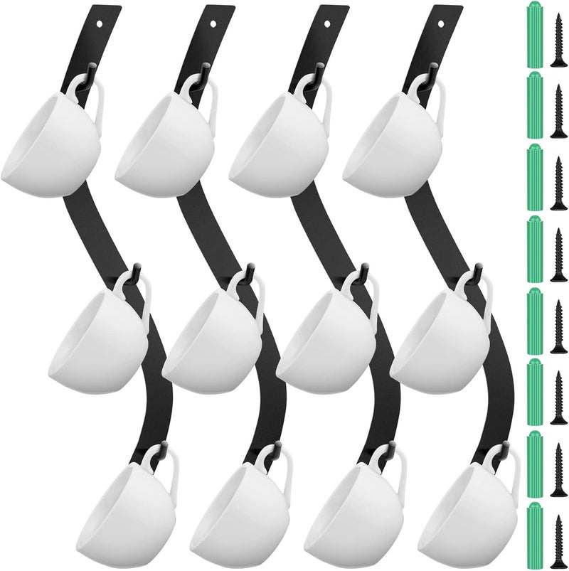 Sosation 4 Pack Coffee Mug Wall Rack Mounted with 12 Hooks S Curve Metal Coffee Cup Rack Wall Hanging Holder for Bar Kitchen Corner Station Decor Display - Image 1