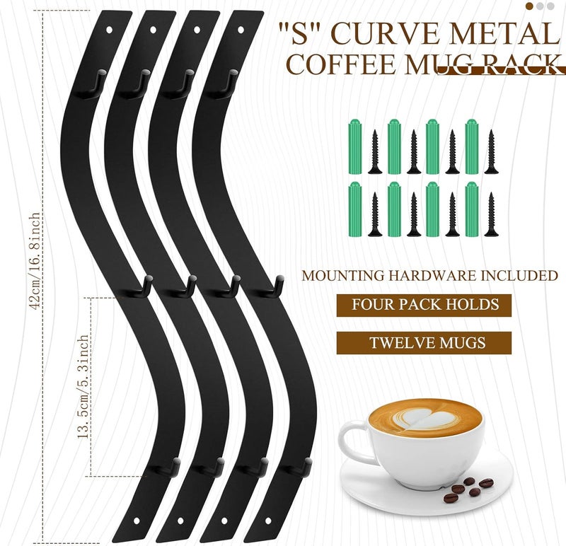 Sosation 4 Pack Coffee Mug Wall Rack Mounted with 12 Hooks S Curve Metal Coffee Cup Rack Wall Hanging Holder for Bar Kitchen Corner Station Decor Display - Image 2