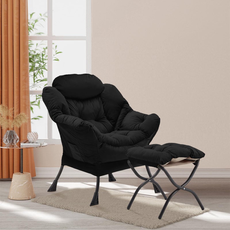 Youtanic Lazy Chair with Folding Ottoman, Accent Chair Velvet Upholstered with Metal Structure and Non-Slip Pads, Sofa Armchair with Footrest and Side Storage Bag for Dorm, Room, Office, Black - Image 2