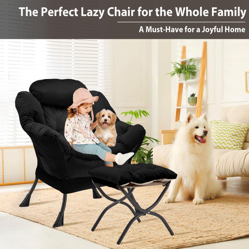 Youtanic Lazy Chair with Folding Ottoman, Accent Chair Velvet Upholstered with Metal Structure and Non-Slip Pads, Sofa Armchair with Footrest and Side Storage Bag for Dorm, Room, Office, Black - Image 4